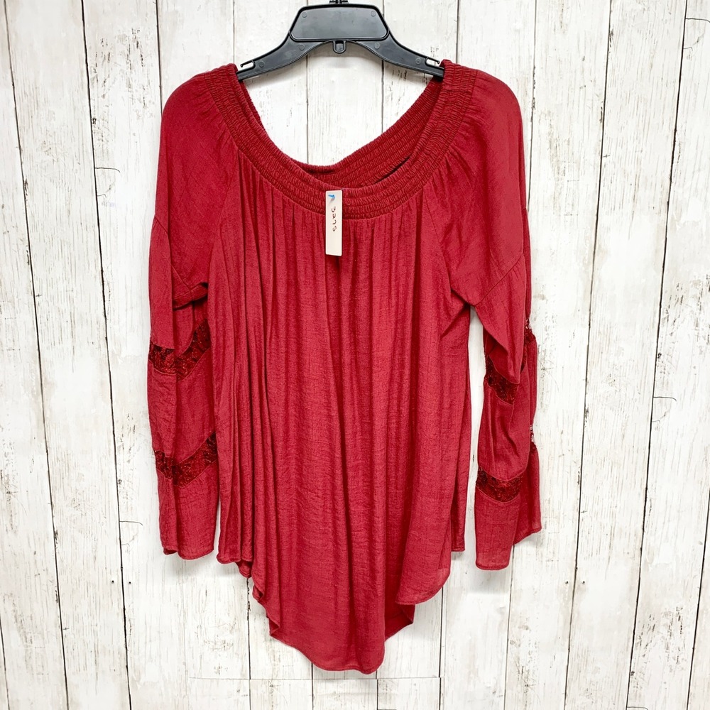 New Directions Boho Off‎ Shoulder Lace Sleeve Womens Size L Red Rayon Blouse Top